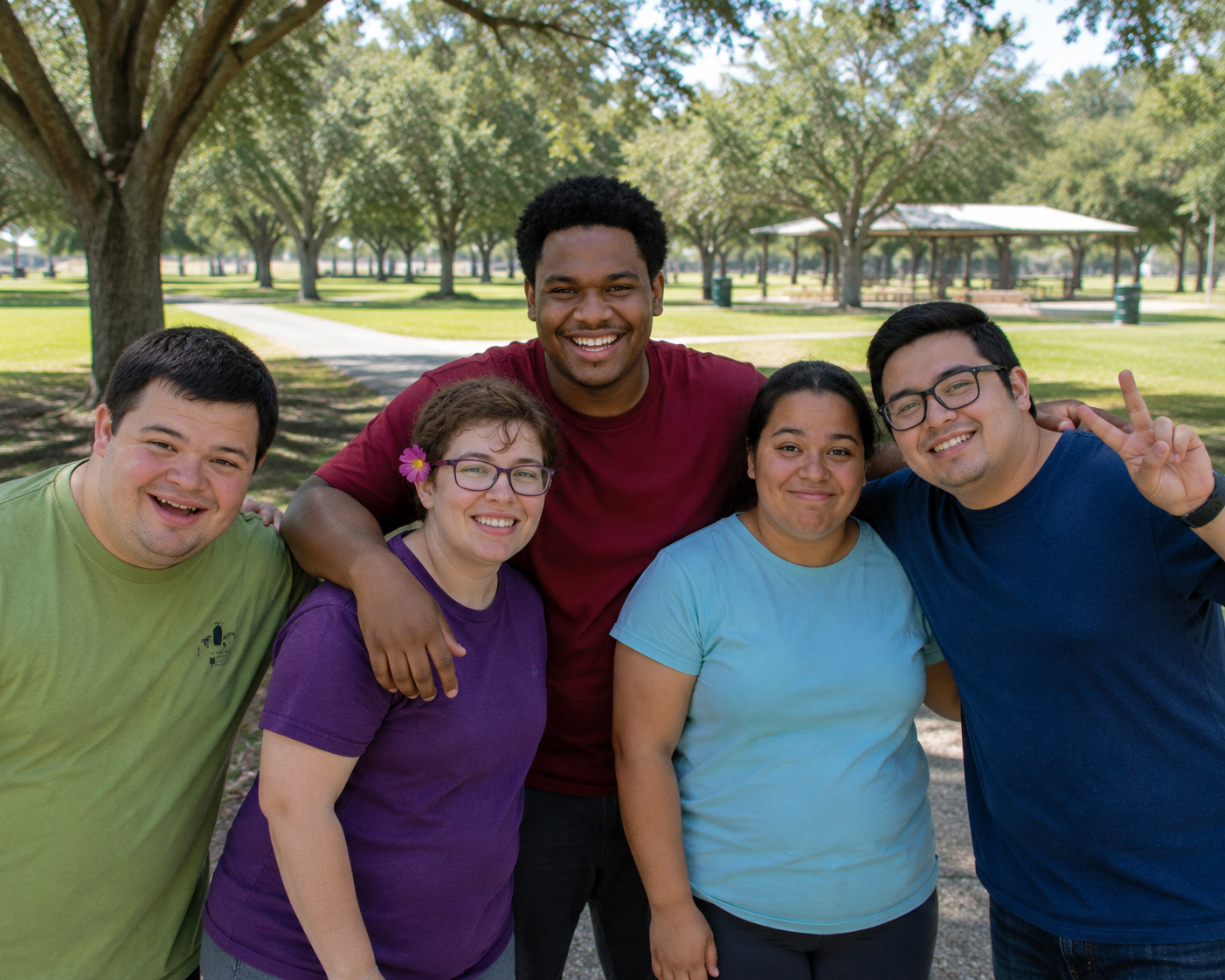 Smiling group of young adults and staff gathered together outdoors at a San Antonio park